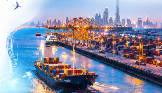 Container ship and Dubai logistics port