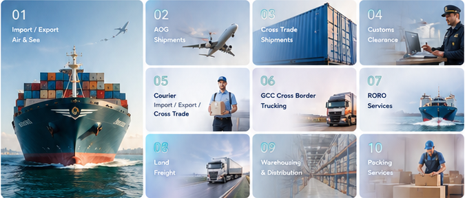 Import, export, air freight, customs, courier, trucking, RORO, warehousing and packing services